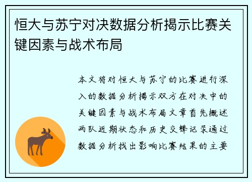 恒大与苏宁对决数据分析揭示比赛关键因素与战术布局